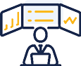 icon of a person in front of a presentation board while reading notes.